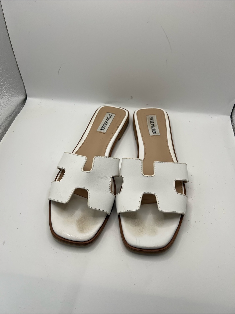 Steve Madden White Leather Cutout Slide Sandals